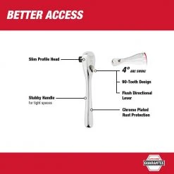 Milwaukee 48-22-9036 3/8” Drive 5" Ratchet Chrome Plated W/ Stubby Handle Tools & Equipment