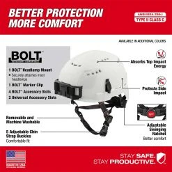 Milwaukee 48-73-1300 White Vented Class C Type 2 Safety Helmet W/ BOLT Tools & Equipment
