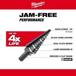Milwaukee 48-89-9204 #4 JAM FREE Step Drill Bit 3/16" - 7/8" By 1/16"