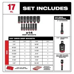 Milwaukee 49-66-6800 SHOCKWAVE 3/8” Impact Duty Socket SAE PACKOUT Set - 17 PC