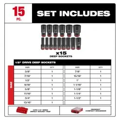 Tools & Equipment Milwaukee 49-66-6802 SHOCKWAVE 1/2” Impact Duty Socket SAE PACKOUT Set - 15 PC