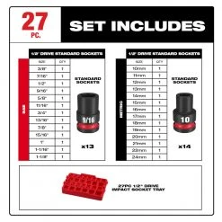 Milwaukee 49-66-6819 SHOCKWAVE 1/2” Impact Duty Socket SAE TRAY Set - 27 PC