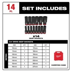Milwaukee 49-66-7014 SHOCKWAVE 1/2" Impact Duty Metric Deep Socket Set - 14 PC