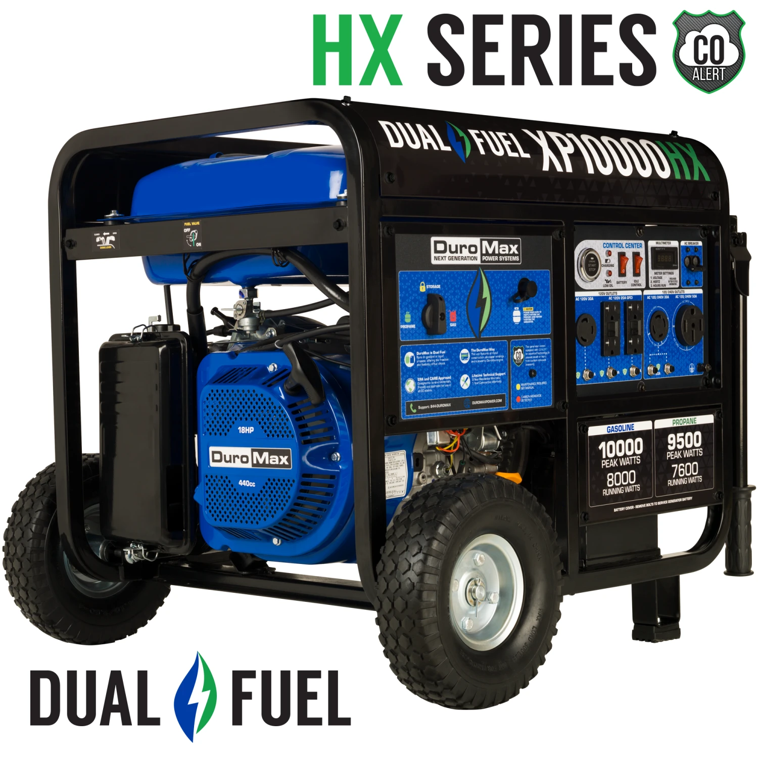 DuroMax XP10000HX 10,000 Watt Portable Dual Fuel Generator - Gas & Propane - CO Alert Technology 4 Dual Fuel Generators DuroMax XP10000HX 10,000 Watt Portable Dual Fuel Gas Propane CO Alert Generator