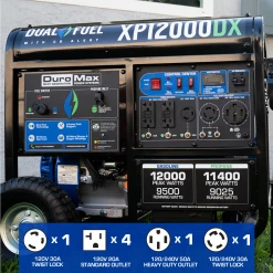 Dual Fuel Generators DuroMax XP12000DX 12,000 Watt Dual Fuel Gas Propane Portable Generator W/ CO Alert