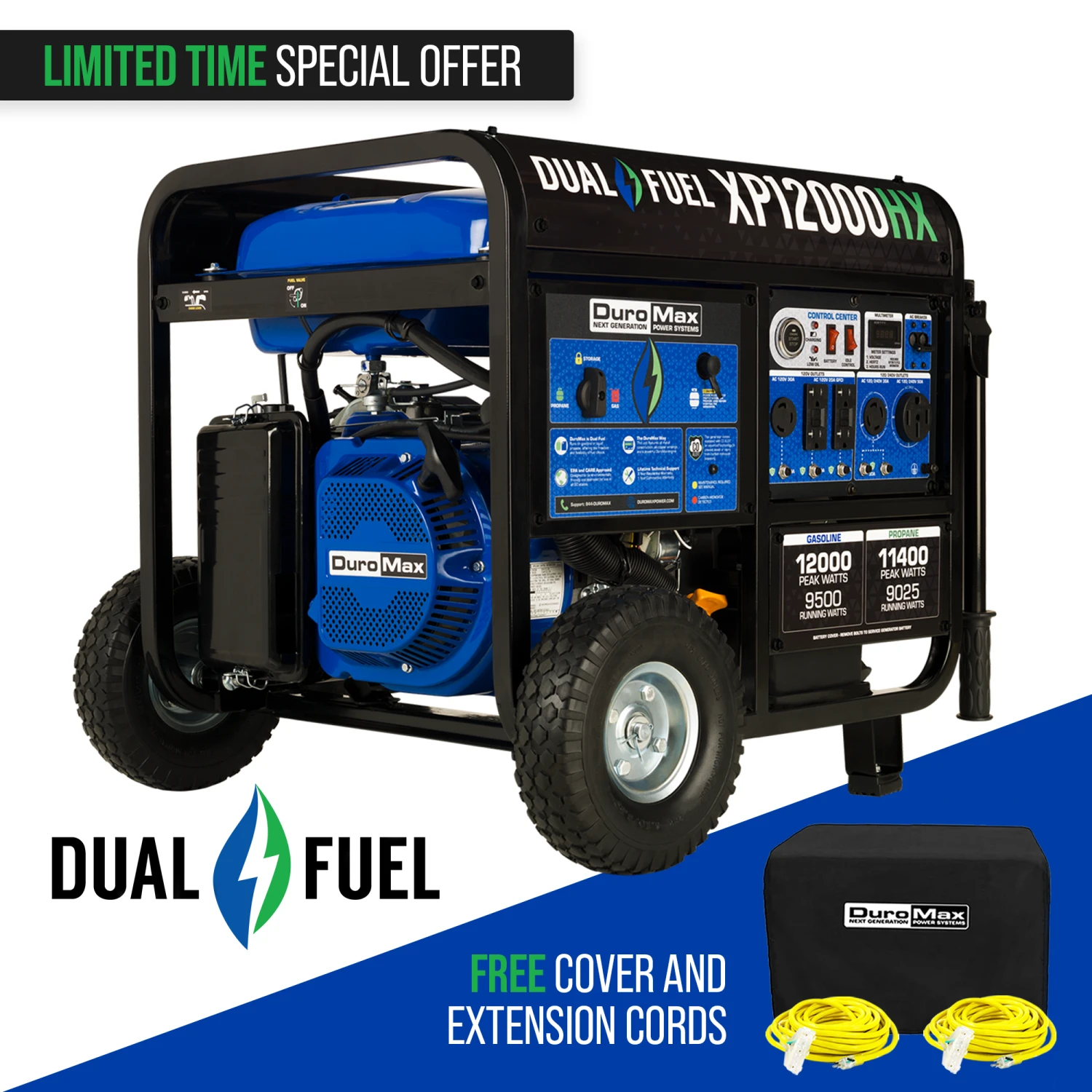 DuroMax XP12000HX 12,000 Watt Portable Dual Fuel Gas Propane Generator with CO Alert 3 Gasoline Generators DuroMax XP12000HX 12,000 Watt Portable Dual Fuel Gas Propane CO Alert Generator