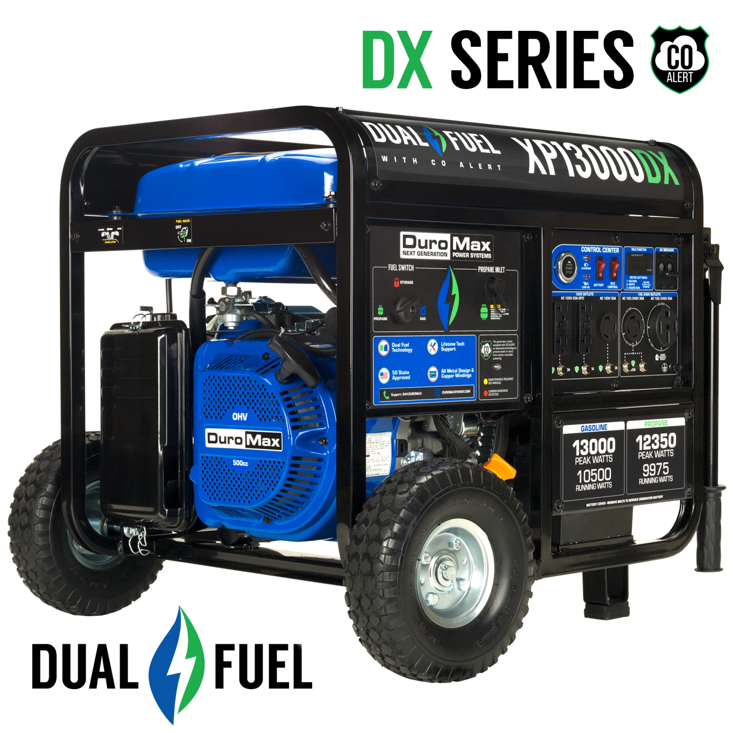 DuroMax XP13000DX 13,000 Watt Dual Fuel Gas & Propane Portable Generator with CO Alert - Reliable Home Backup & Jobsite Power 3 Dual Fuel Generators DuroMax XP13000DX 13,000 Watt Dual Fuel Gas Propane Portable Generator W/ CO Alert
