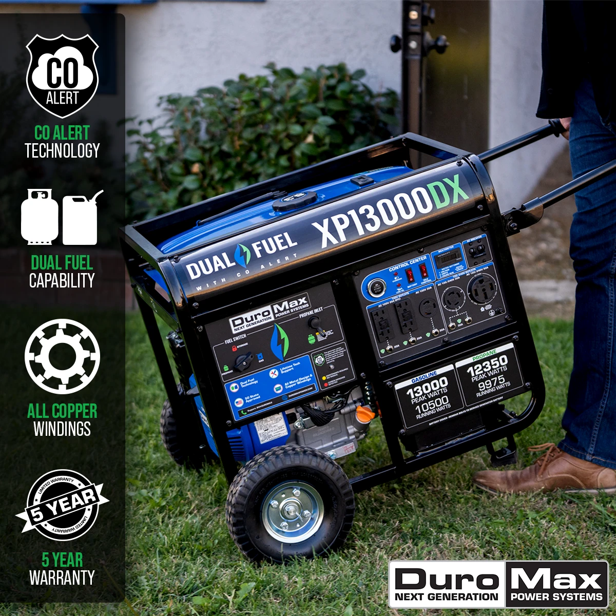 DuroMax XP13000DX 13,000 Watt Dual Fuel Gas & Propane Portable Generator with CO Alert - Reliable Home Backup & Jobsite Power 4 Dual Fuel Generators DuroMax XP13000DX 13,000 Watt Dual Fuel Gas Propane Portable Generator W/ CO Alert