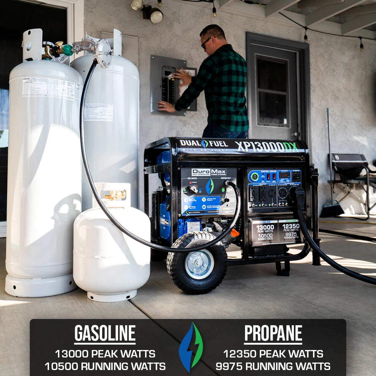 DuroMax XP13000DX 13,000 Watt Dual Fuel Gas & Propane Portable Generator with CO Alert - Reliable Home Backup & Jobsite Power 5 Dual Fuel Generators DuroMax XP13000DX 13,000 Watt Dual Fuel Gas Propane Portable Generator W/ CO Alert