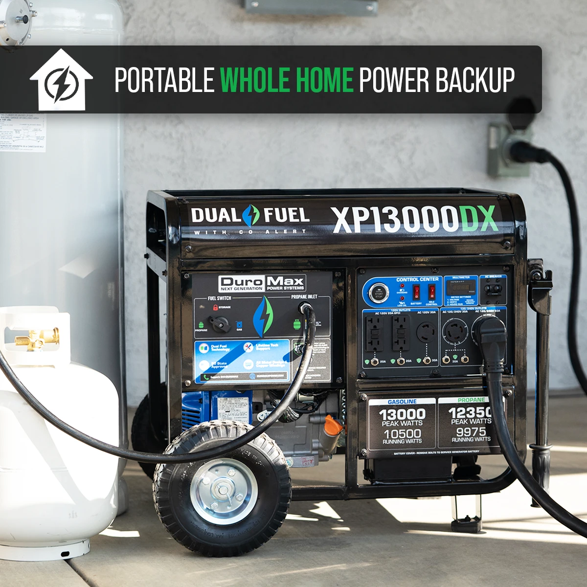 DuroMax XP13000DX 13,000 Watt Dual Fuel Gas & Propane Portable Generator with CO Alert - Reliable Home Backup & Jobsite Power 8 Dual Fuel Generators DuroMax XP13000DX 13,000 Watt Dual Fuel Gas Propane Portable Generator W/ CO Alert