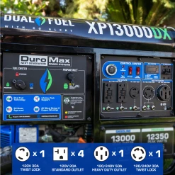DuroMax XP13000DX 13,000 Watt Dual Fuel Gas & Propane Portable Generator with CO Alert - Reliable Home Backup & Jobsite Power 20 Dual Fuel Generators DuroMax XP13000DX 13,000 Watt Dual Fuel Gas Propane Portable Generator W/ CO Alert