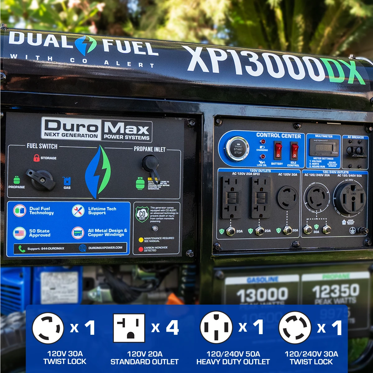 DuroMax XP13000DX 13,000 Watt Dual Fuel Gas & Propane Portable Generator with CO Alert - Reliable Home Backup & Jobsite Power 9 Dual Fuel Generators DuroMax XP13000DX 13,000 Watt Dual Fuel Gas Propane Portable Generator W/ CO Alert