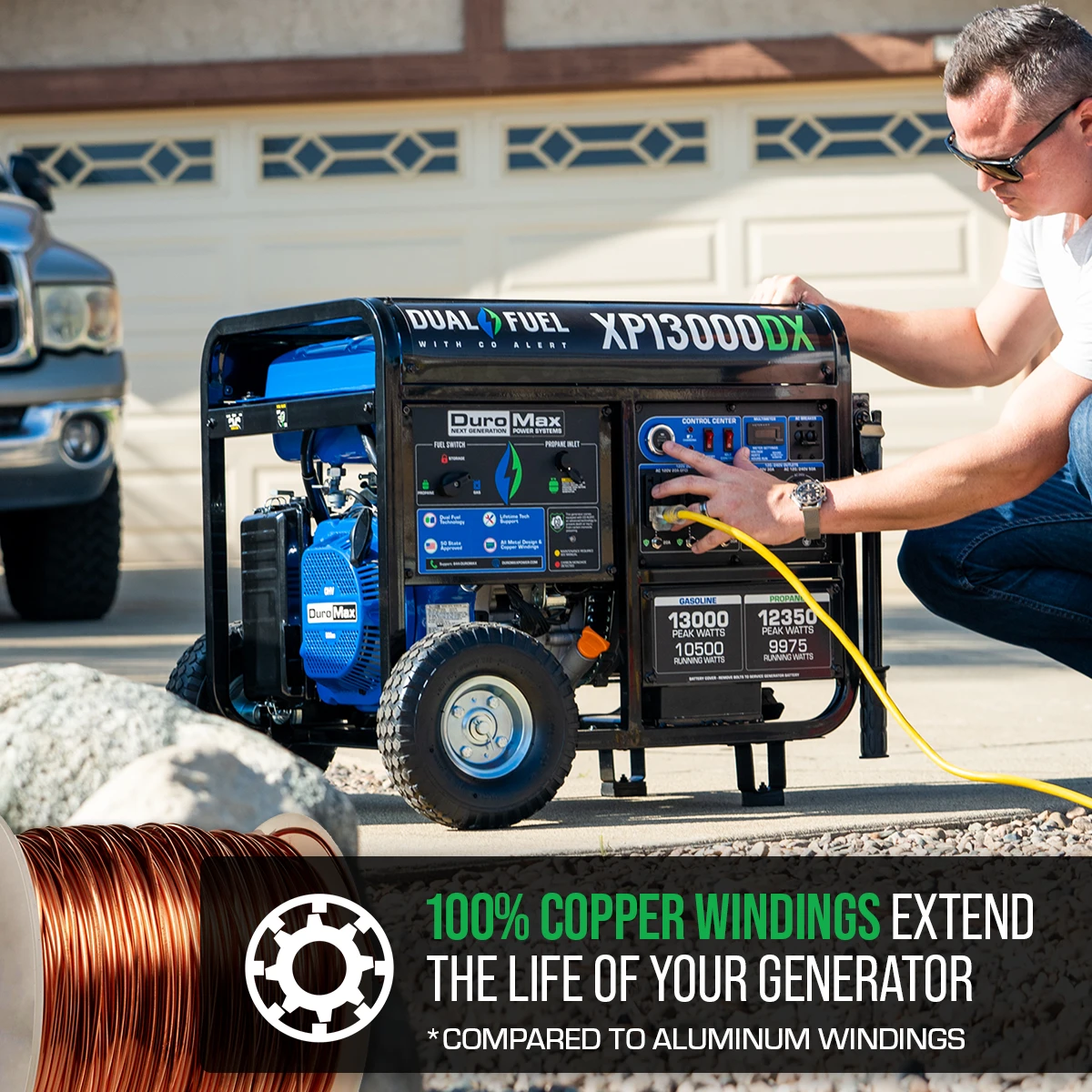 DuroMax XP13000DX 13,000 Watt Dual Fuel Gas & Propane Portable Generator with CO Alert - Reliable Home Backup & Jobsite Power 10 Dual Fuel Generators DuroMax XP13000DX 13,000 Watt Dual Fuel Gas Propane Portable Generator W/ CO Alert