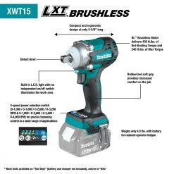 Tools & Equipment Makita XWT15Z 18V 1/2" LXT Cordless Impact Wrench Kit W/ Detent Anvil -Bare Tool