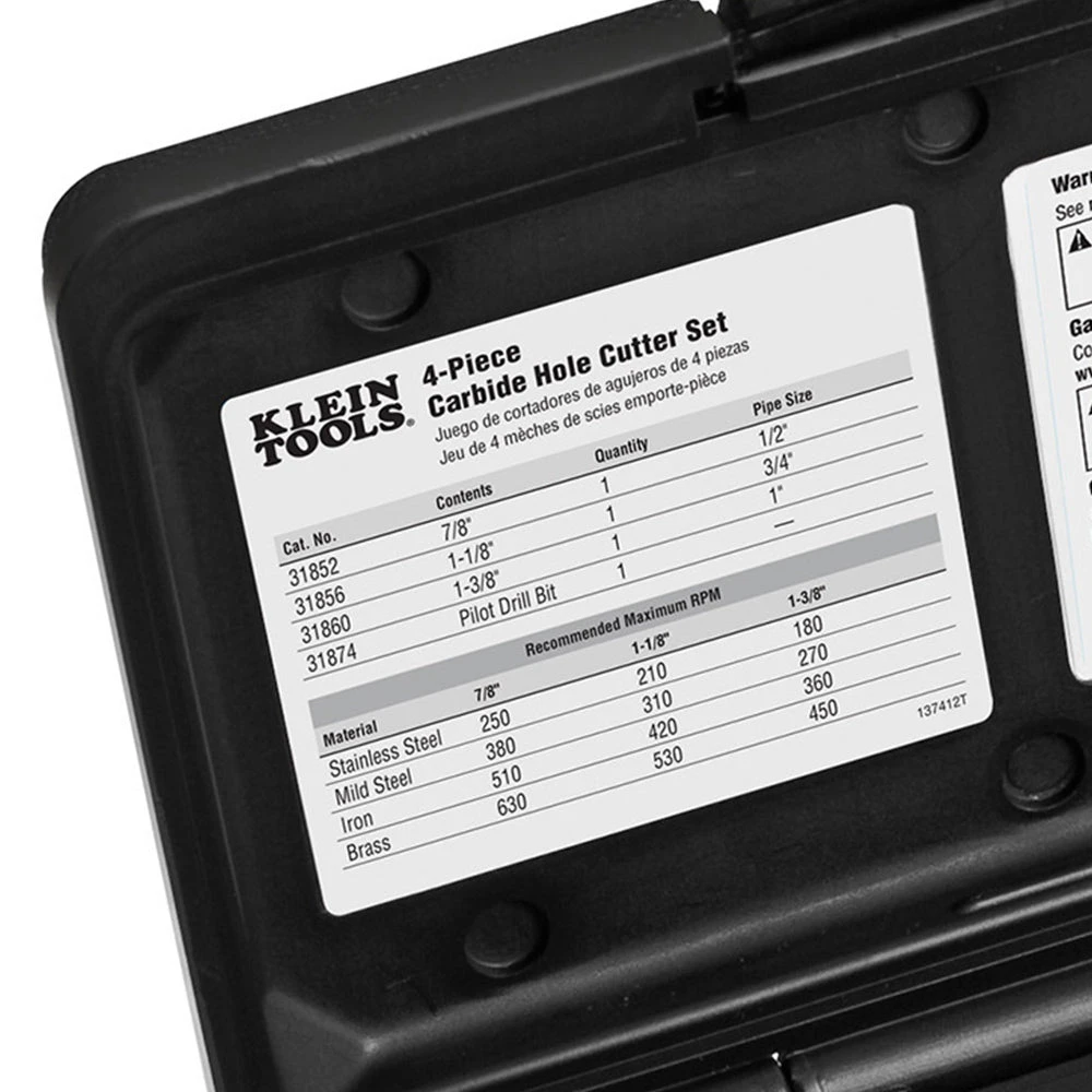 Klein 31872 Multi-Size Split Point Carbide Hole Cutter Set - 4pc Tools & Equipment 5 Klein 31872 Multi-Size Split Point Carbide Hole Cutter Set - 4pc Tools & Equipment
