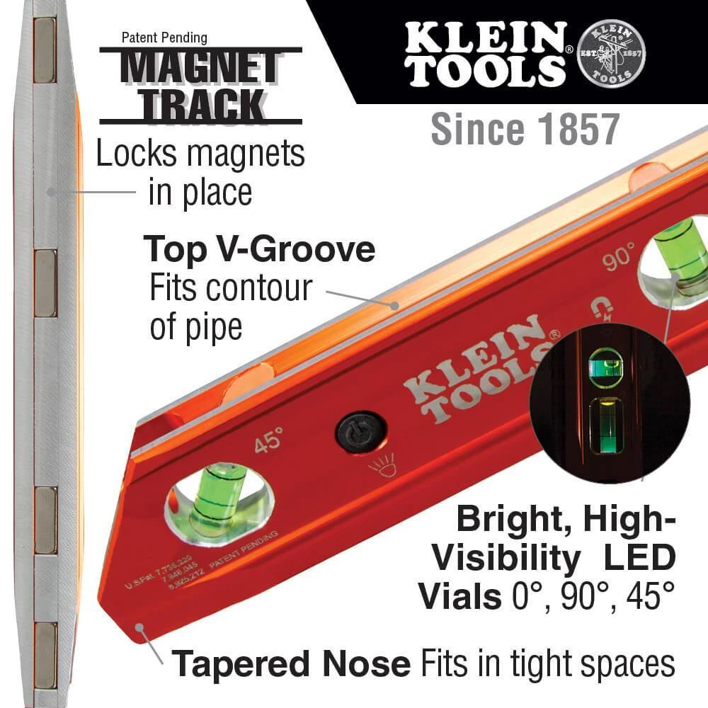 Tools & Equipment Klein 935RBLT 9-Inch 3-Vials Rare Earth Magnet Lighted Torpedo Billet Level 9 Tools & Equipment Klein 935RBLT 9-Inch 3-Vials Rare Earth Magnet Lighted Torpedo Billet Level