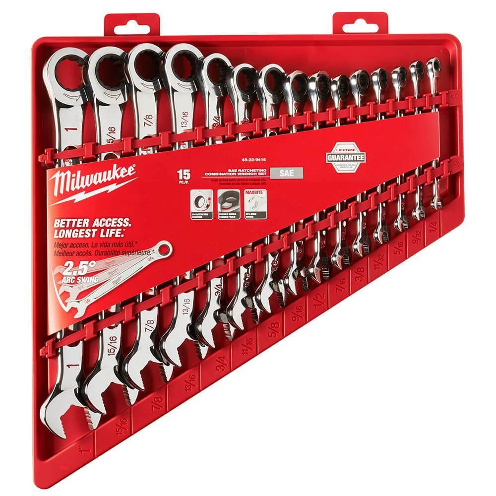 Milwaukee 48-22-9416 Durable SAE Ratcheting Combination Wrench Set - 15pc 6 Milwaukee 48-22-9416 Durable SAE Ratcheting Combination Wrench Set - 15pc
